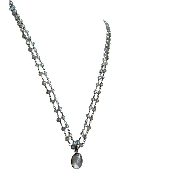 Labradorite Gemstone Pendant Necklace Gray Beaded Chain Silver Tone Drop